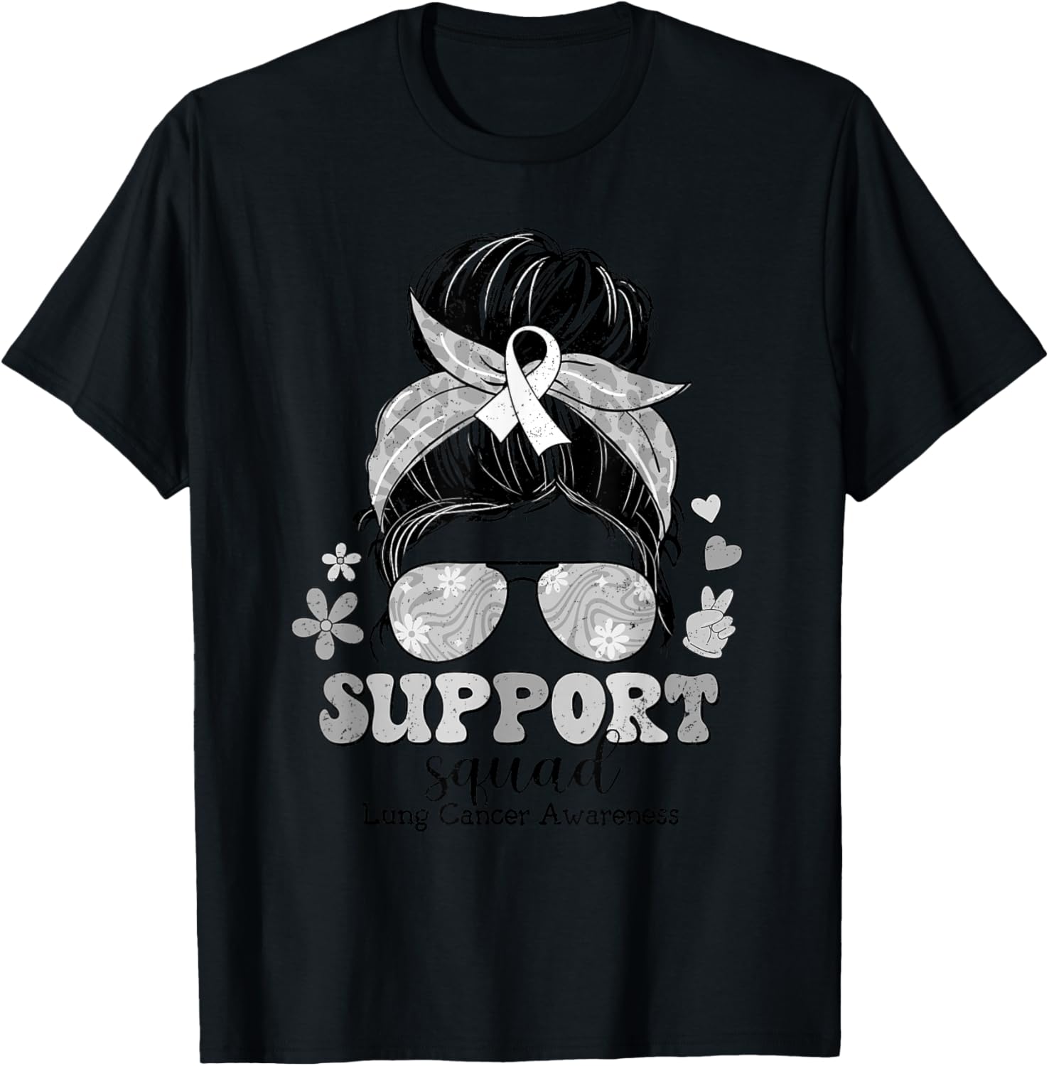 Groovy Support Squad Messy Bun Lung Cancer Awareness T-Shirt - T-Shirt | Black