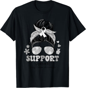 Groovy Support Squad Messy Bun Lung Cancer Awareness T-Shirt - T-Shirt | Black