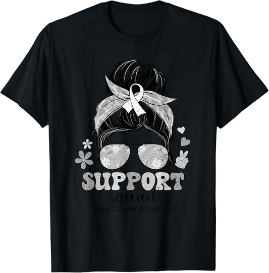 Groovy Support Squad Messy Bun Lung Cancer Awareness T-Shirt - T-Shirt | Black