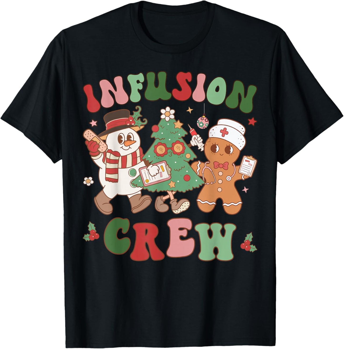 Retro Infusion Nurse Crew Christmas Chemotherapy Nursing T-Shirt - T-Shirt | Black