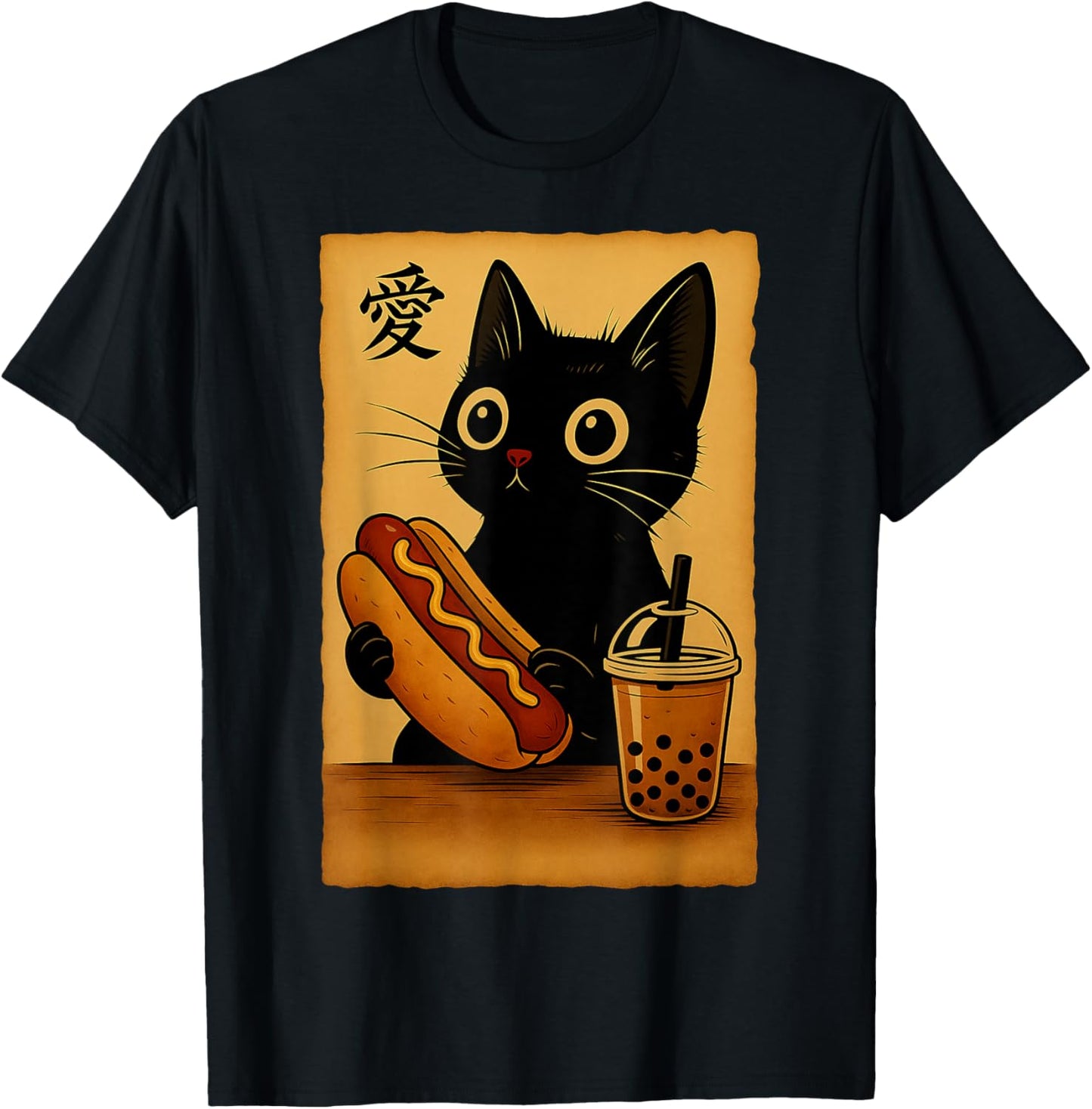 Japanese Kawaii Anime Cat Hotdog Aesthetic Cat Eating Hotdog T-Shirt - T-Shirt | Black