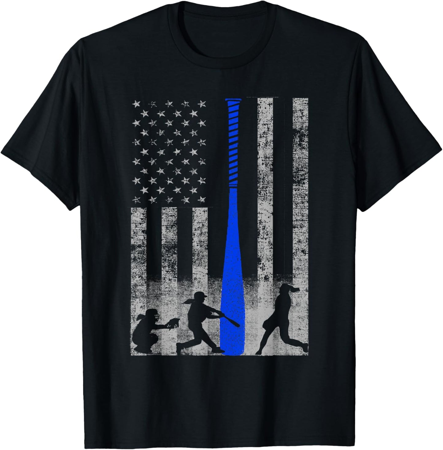 Softball American Flag - Blue Bat and Softball Players Flag Kids Men T-Shirt - T-Shirt | Black