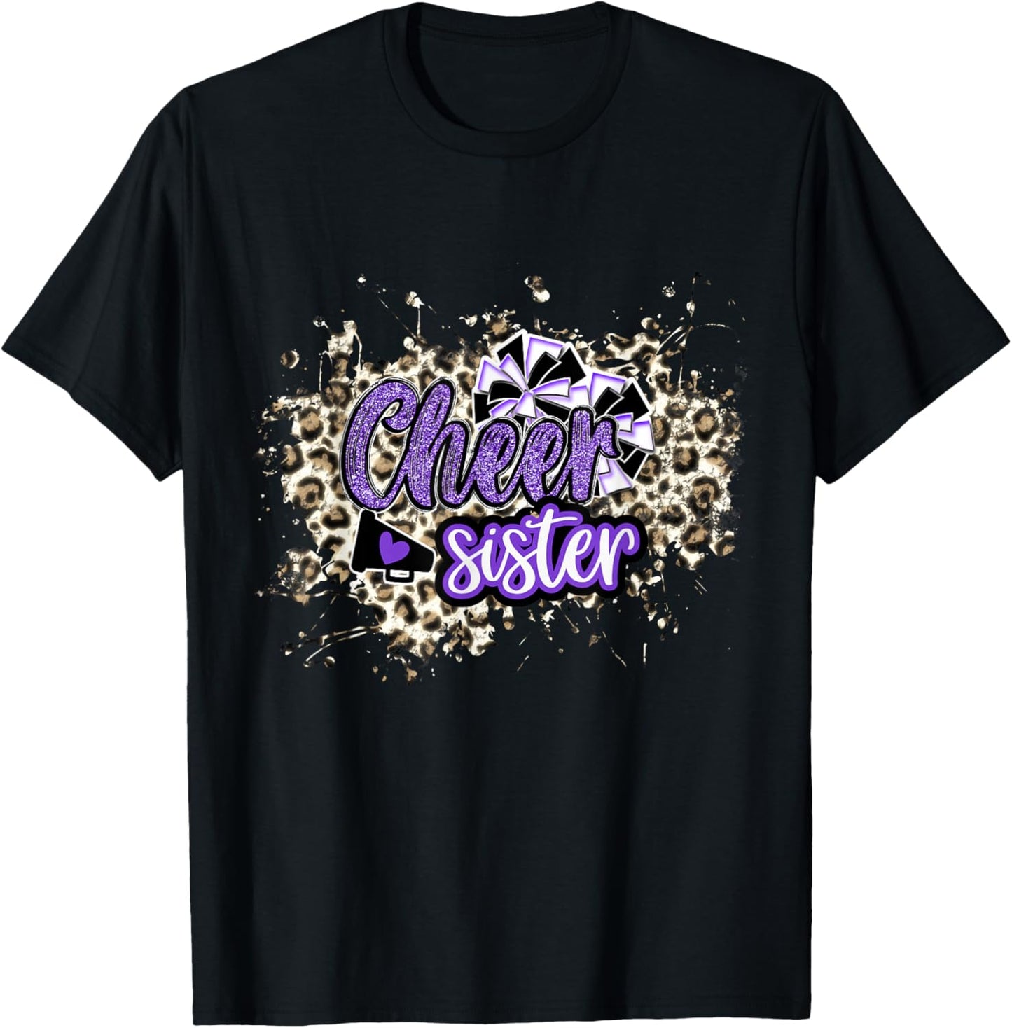 Cheer Sister Shirt, Megaphone Purple Leopard Cheetah Print T-Shirt - T-Shirt | Black