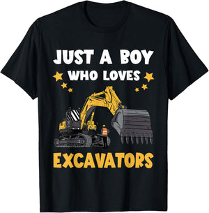 Digging Just A Boy Excavator Backhoe Construction Vehicle T-Shirt - T-Shirt | Black