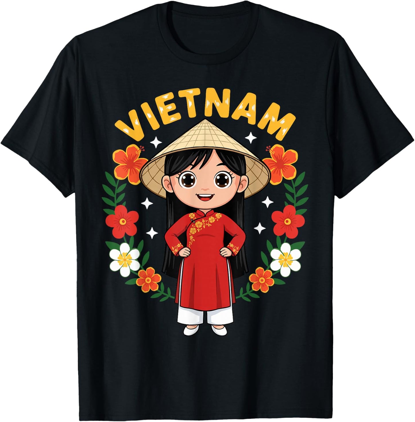 Vietnam Vietnamese Girl Traditional Dress Flowers T-Shirt - T-Shirt | Black