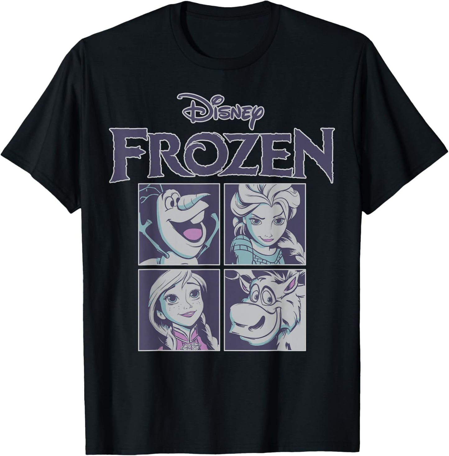 Disney Frozen Blue Hue Character Portrait Grid Panels Small T-Shirt - T-Shirt | Black