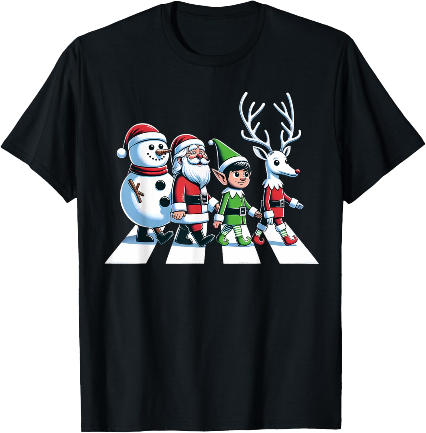 Christmas Road Snowman Santa Elf Reindeer Xmas Crosswalk T-Shirt - T-Shirt | Black