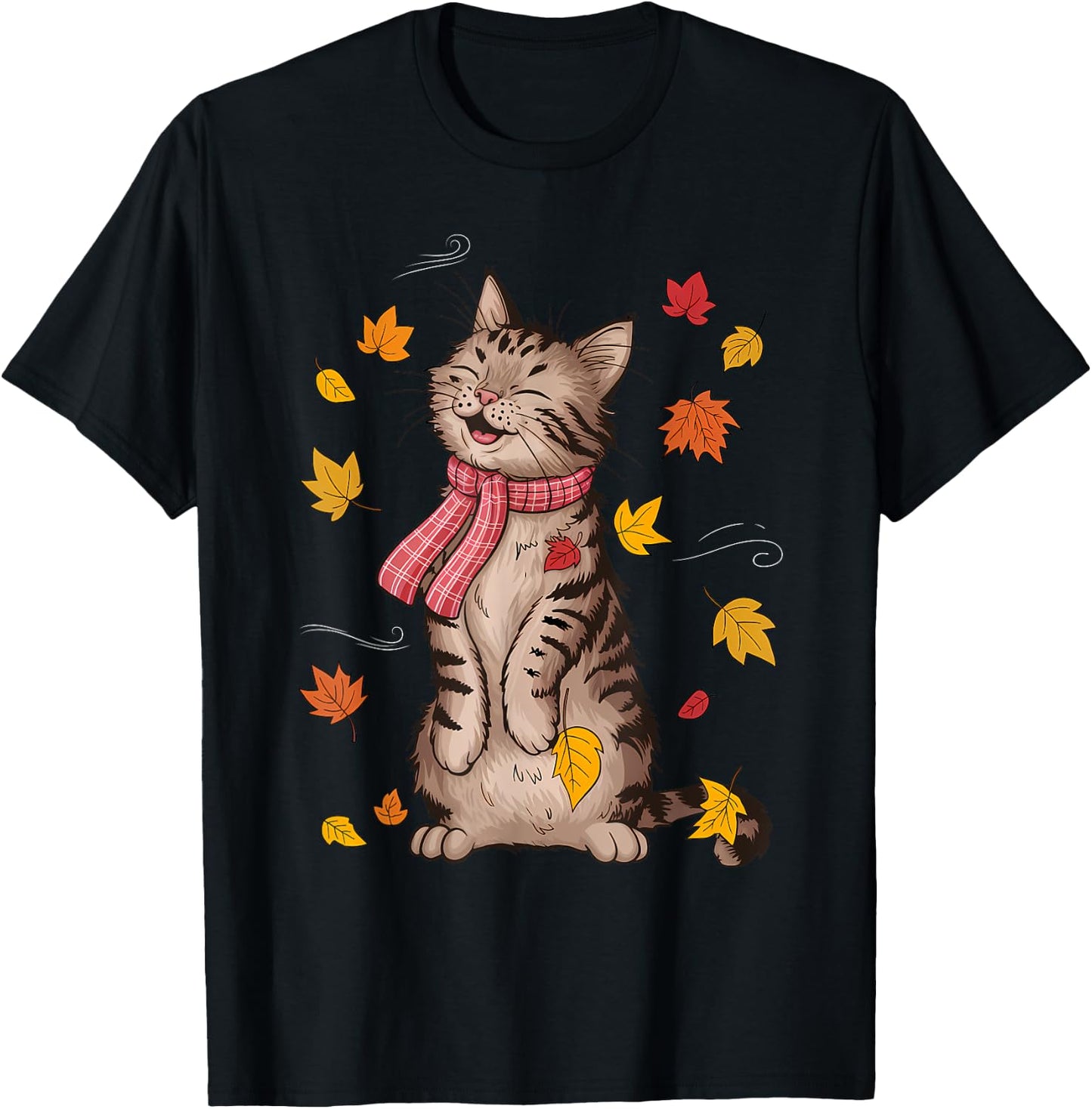Cute Cat Autumn Fall Breeze Leaves Kitten T-Shirt - T-Shirt | Black