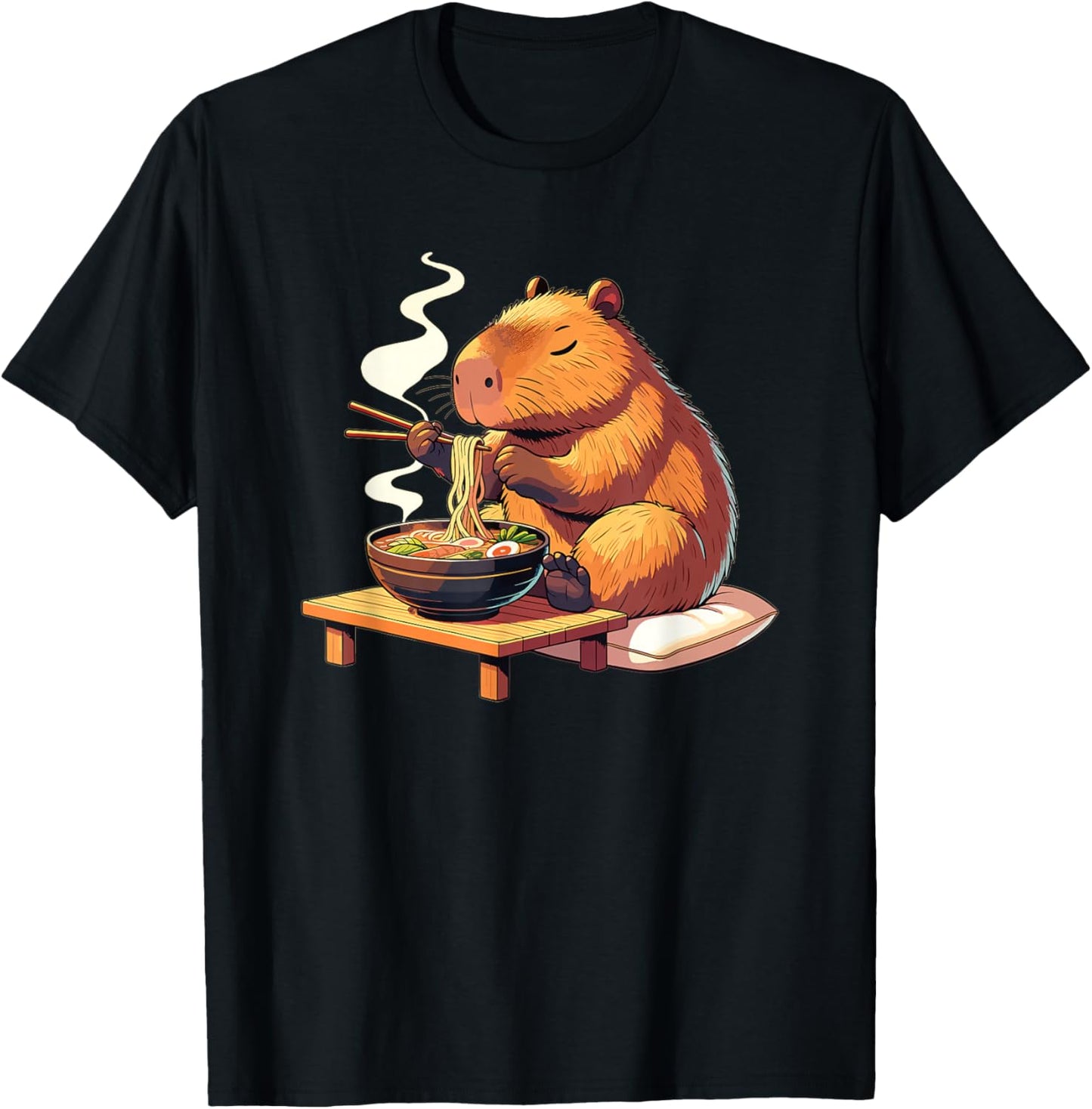 Sweet Capybara Eats Ramen Noodles Capybaras Ramen T-Shirt - T-Shirt | Black