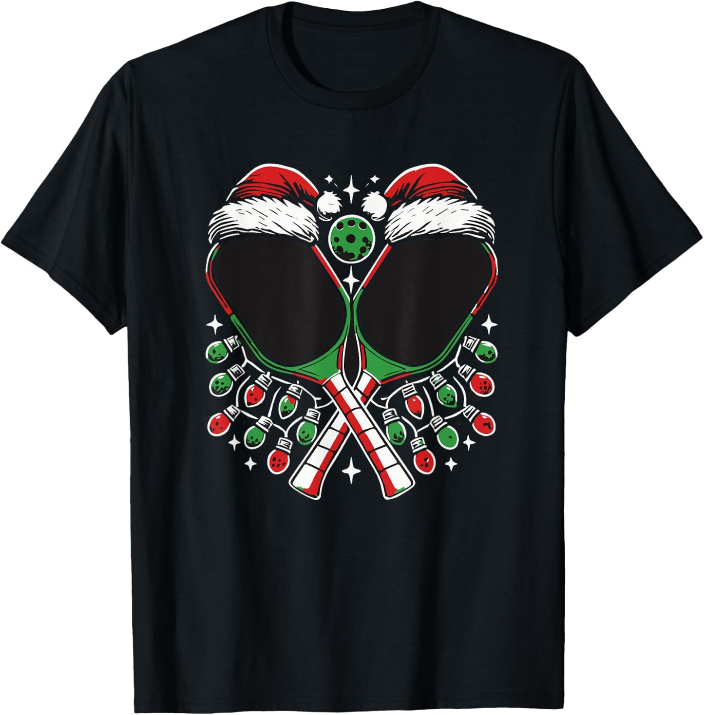 Christmas Pickleball Paddle with Santa Hat Xmas Lights T-Shirt - T-Shirt | Black