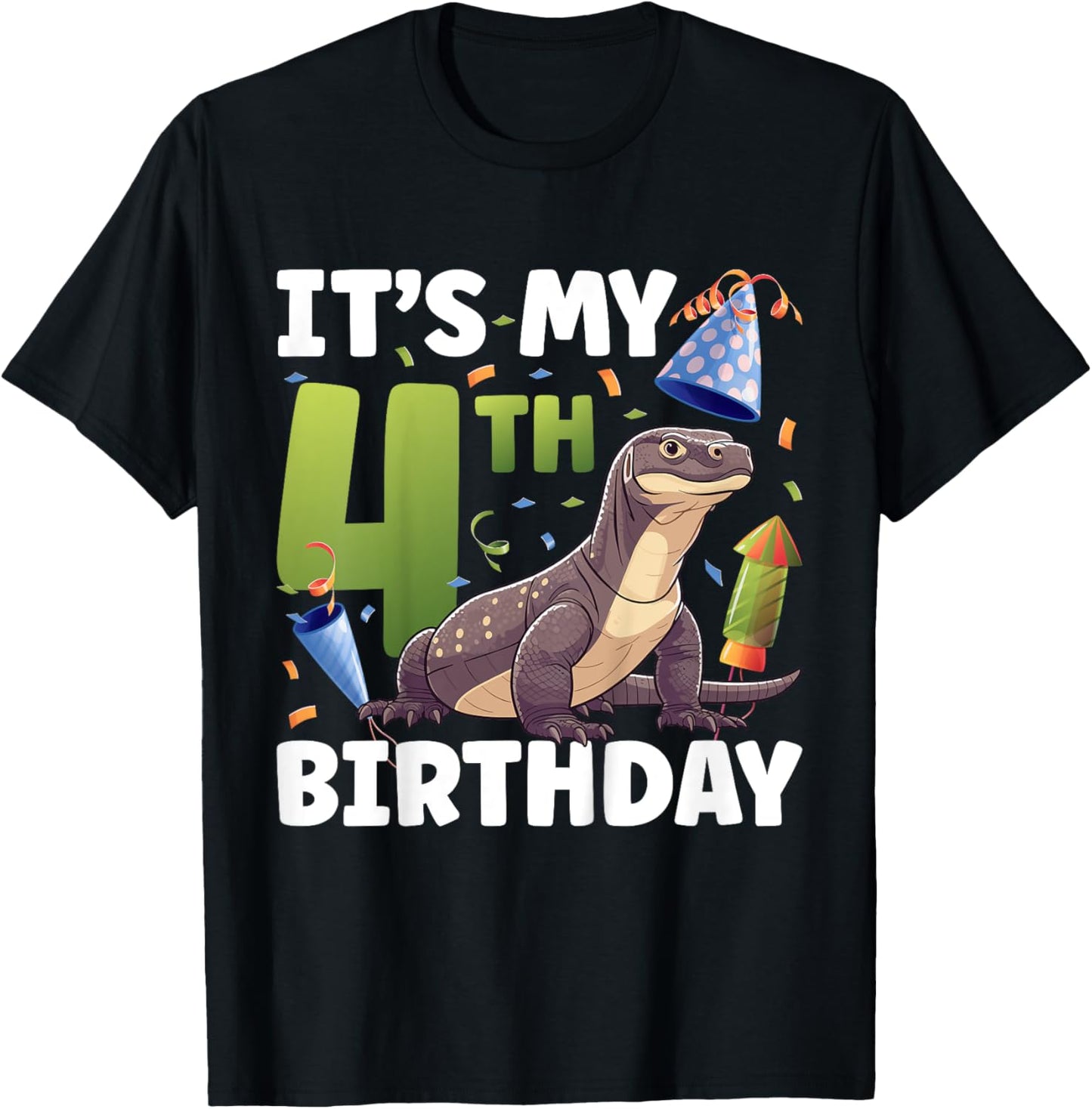 Kids 4th Komodo Dragon Birthday Party Four Year Old Komodo Dragon T-Shirt - T-Shirt | Black