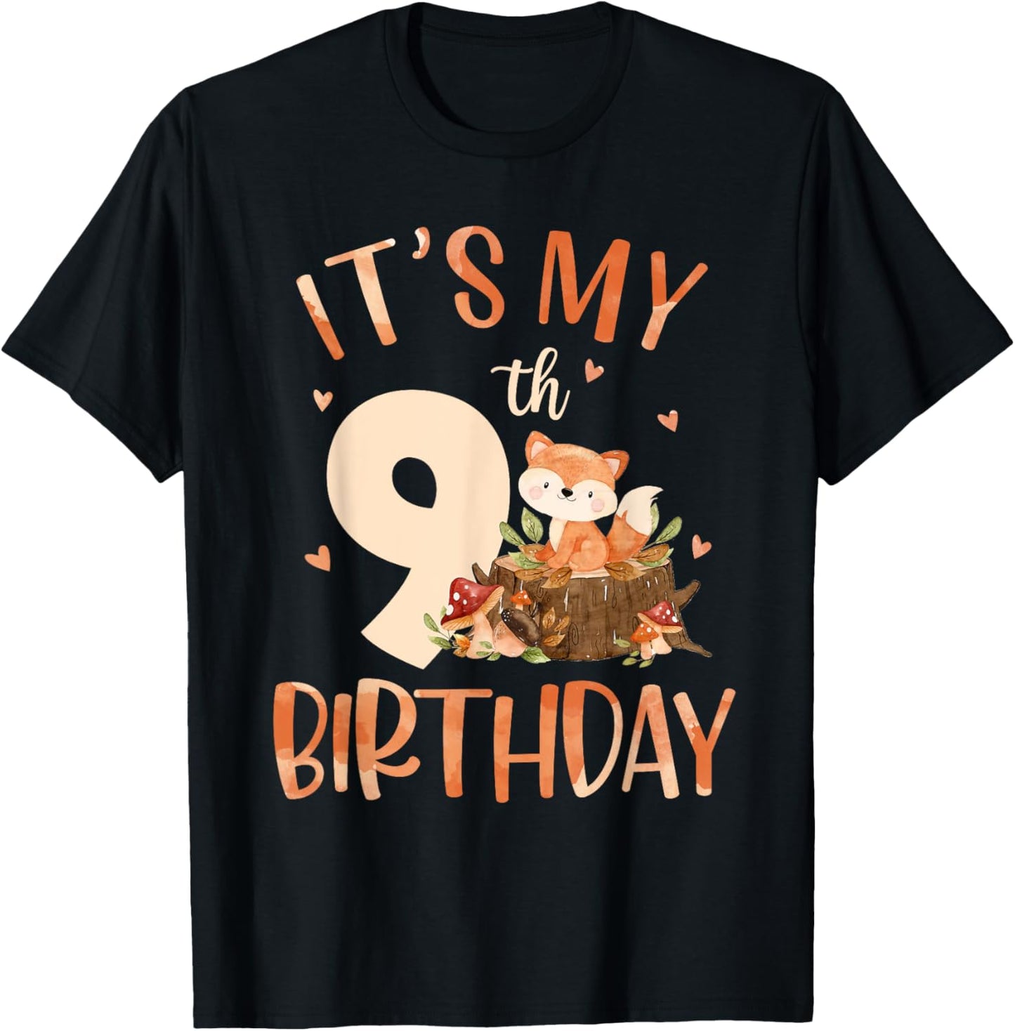 Its My 9th Birthday Cute Fox 9 Year Old Birthday Decorations T-Shirt - T-Shirt | Black