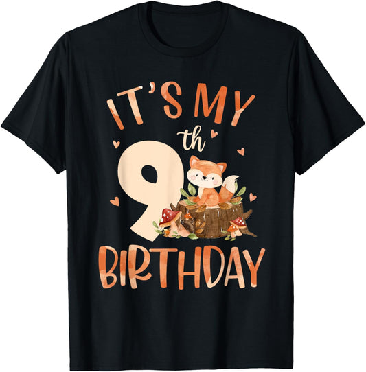 Its My 9th Birthday Cute Fox 9 Year Old Birthday Decorations T-Shirt - T-Shirt | Black