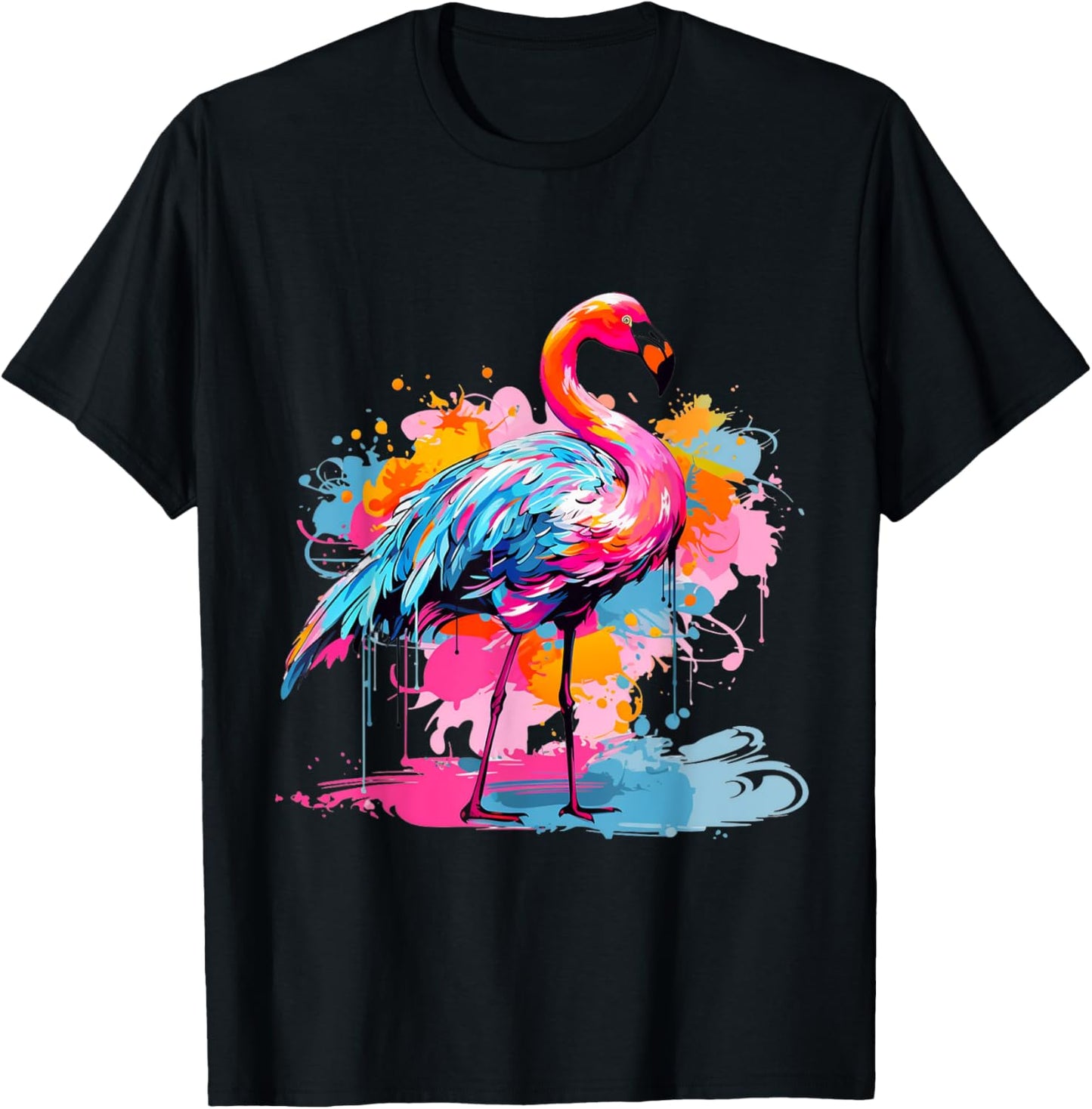 Cool Colorful Flamingo Portrait Graphic T-Shirt - T-Shirt | Black