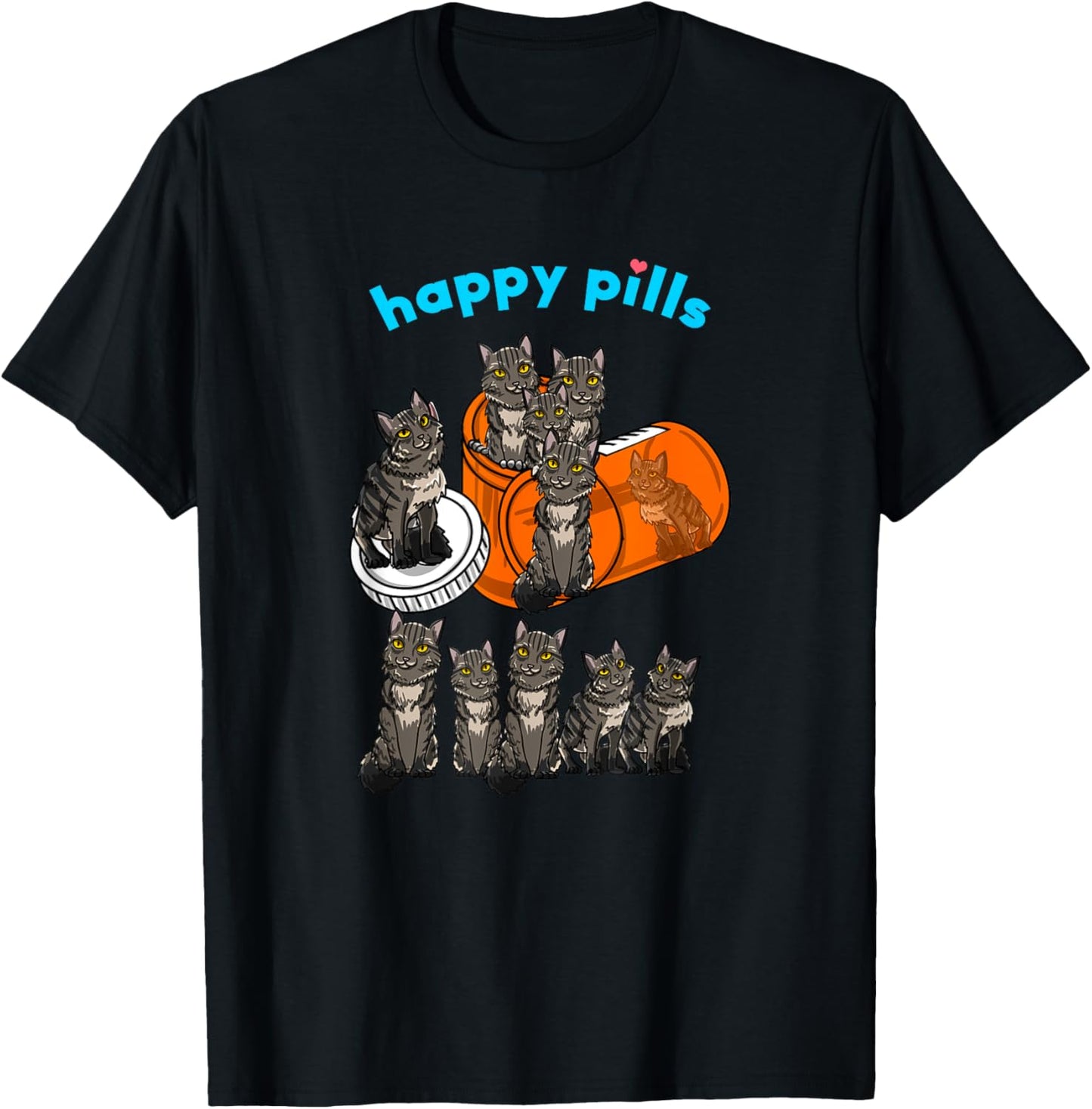 Happy Pills Maine Coon Funny Kitten Feline Cat Lover Gift Men Women Girls Kids T-Shirt - T-Shirt | Black