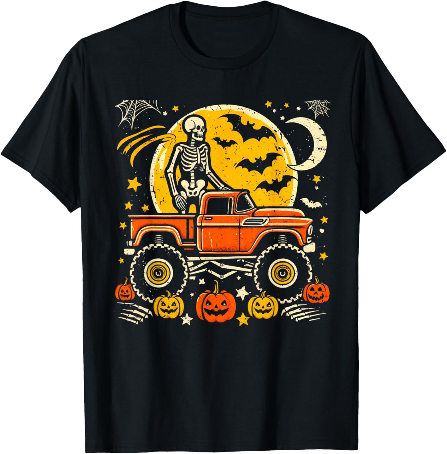 Monster Truck Halloween Jack O Lantern Moon Pumpkin Skeleton T-Shirt - T-Shirt | Black