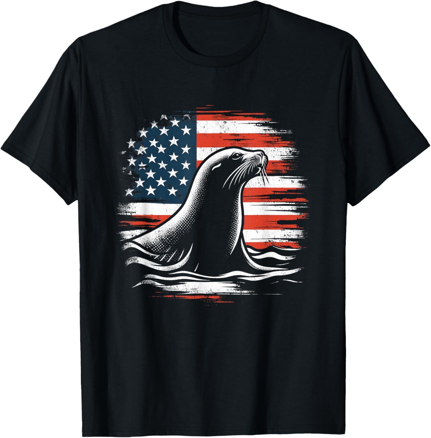 Sea Lion American Flag - Patriotic USA Seal Sealion Lover T-Shirt - T-Shirt | Black