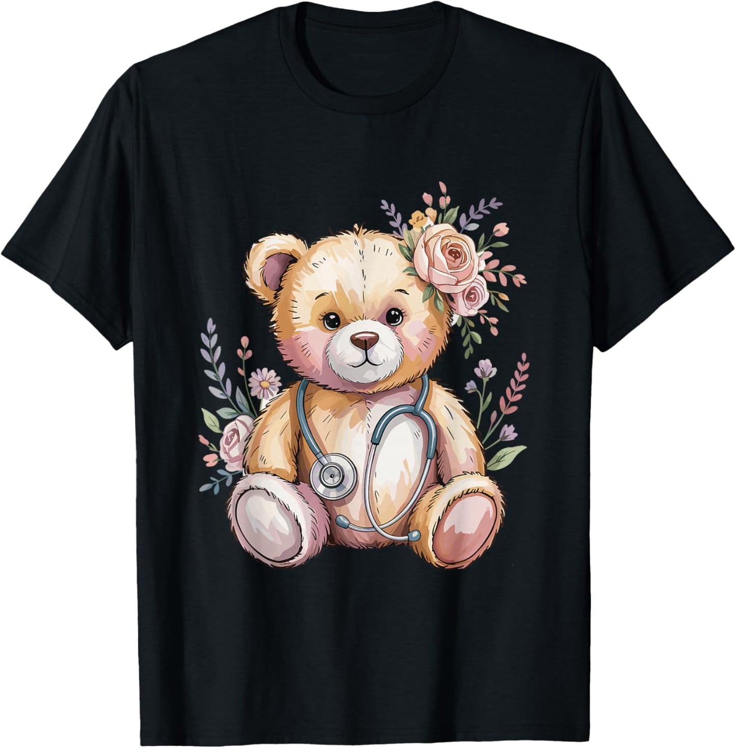 Floral Teddy Bear Flower Kids Doctor Pediatric Nurse T-Shirt - T-Shirt | Black