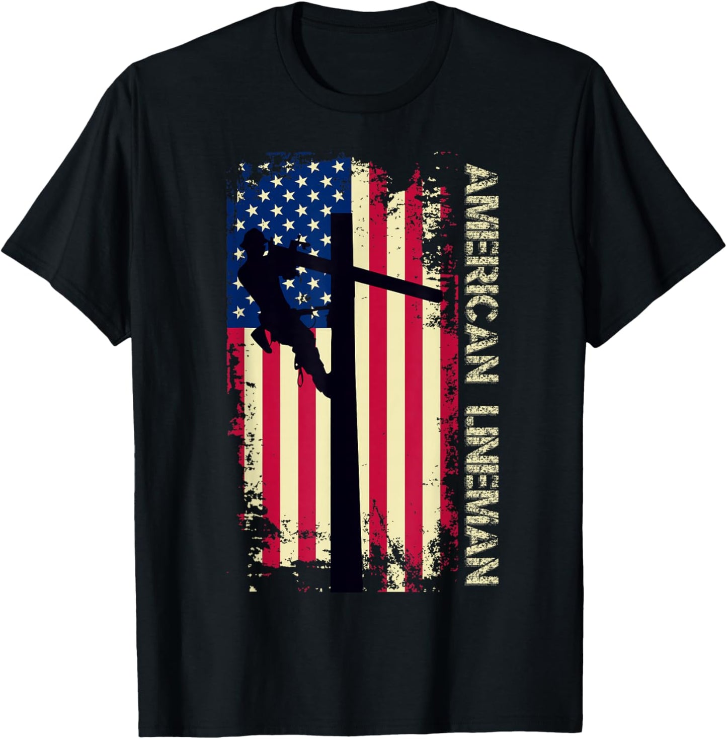 American Lineman USA vintage Flag Pride Patriotic Lineman T-Shirt - T-Shirt | Black