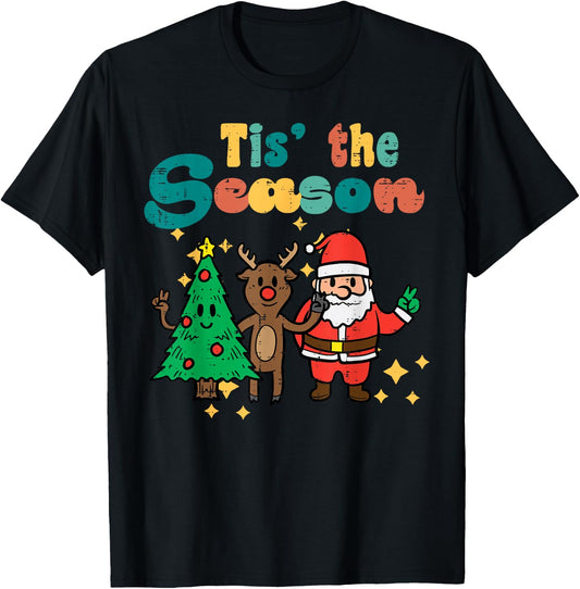 Tis The Season Retro Groovy Christmas Xmas Men Women Kids T-Shirt - T-Shirt | Black