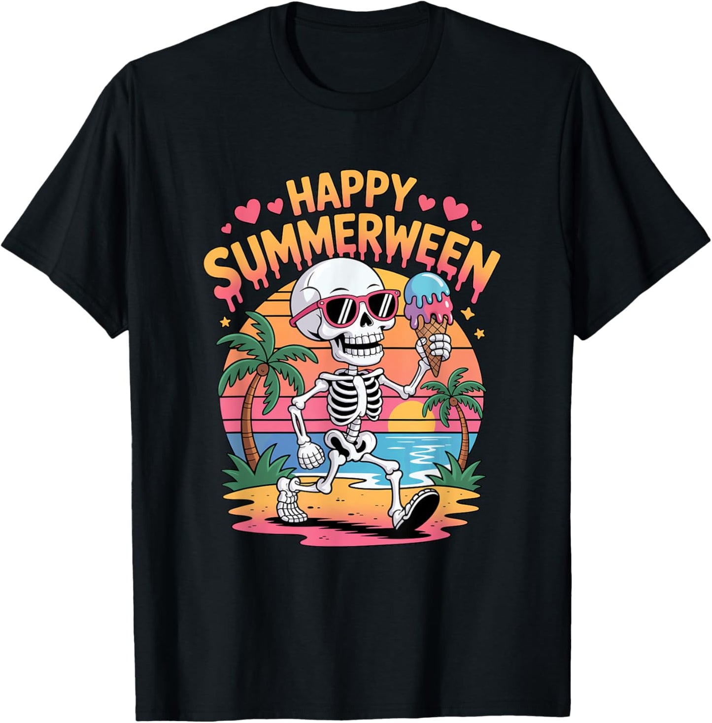 Happy Summerween Skeleton Halloween Beach Summer Scary Fun T-Shirt - T-Shirt | Black