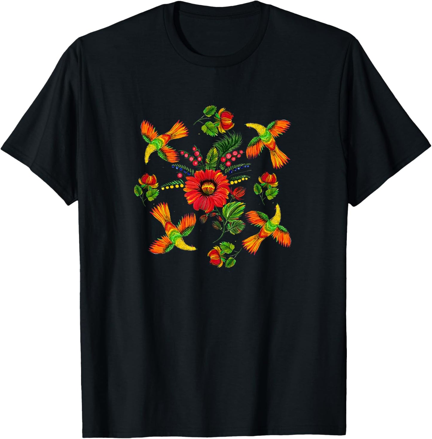 Slavic colorful birds, flowers Petrykivka painting ethnical T-Shirt - T-Shirt | Black