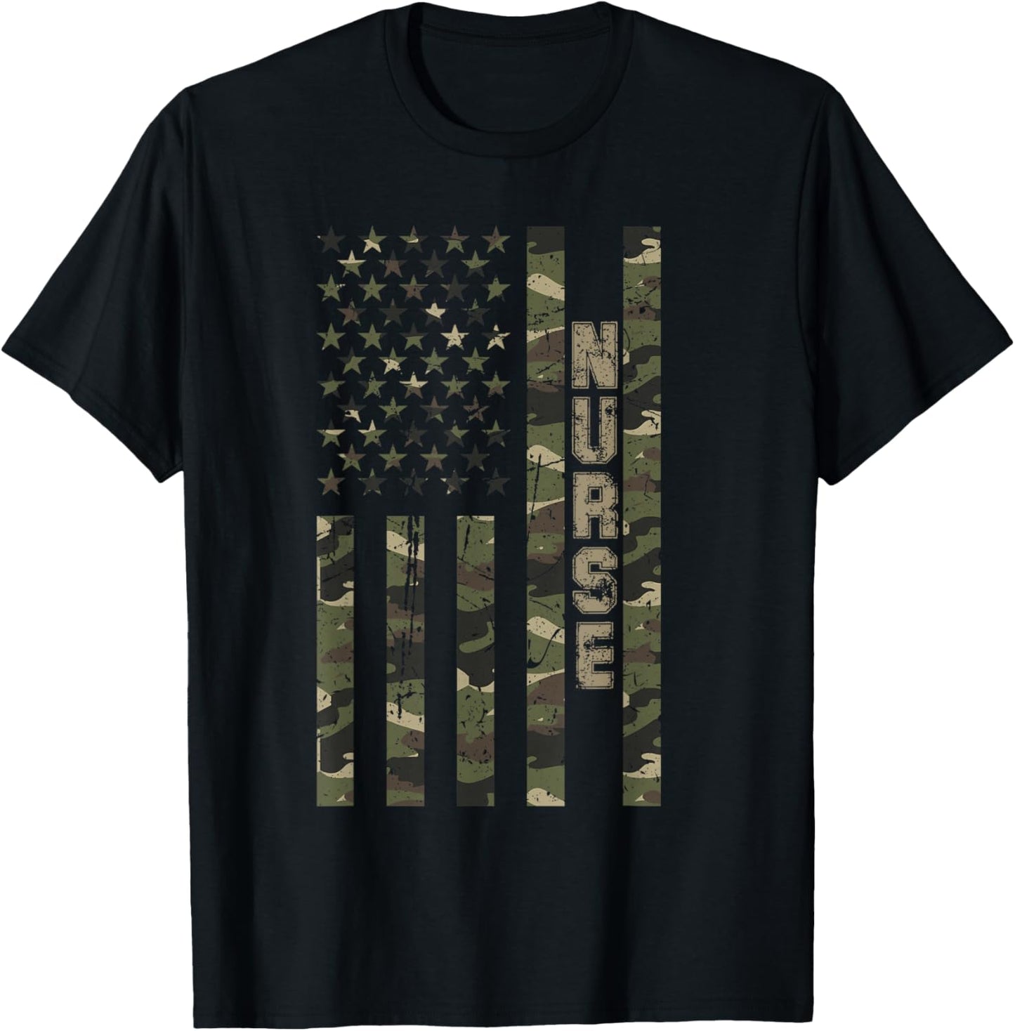 Nurse United States Distressed Camo w US Flag T-Shirt - T-Shirt | Black