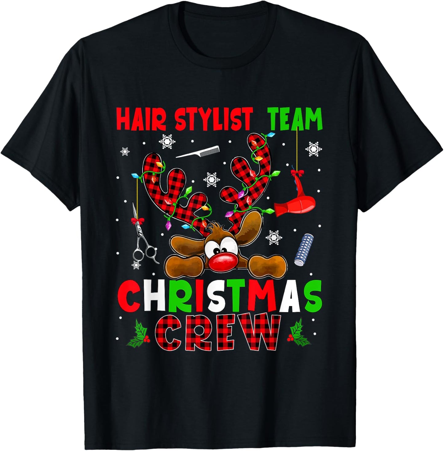 Hair Stylist Team Christmas Crew Proud Job Colorful Reindeer T-Shirt - T-Shirt | Black
