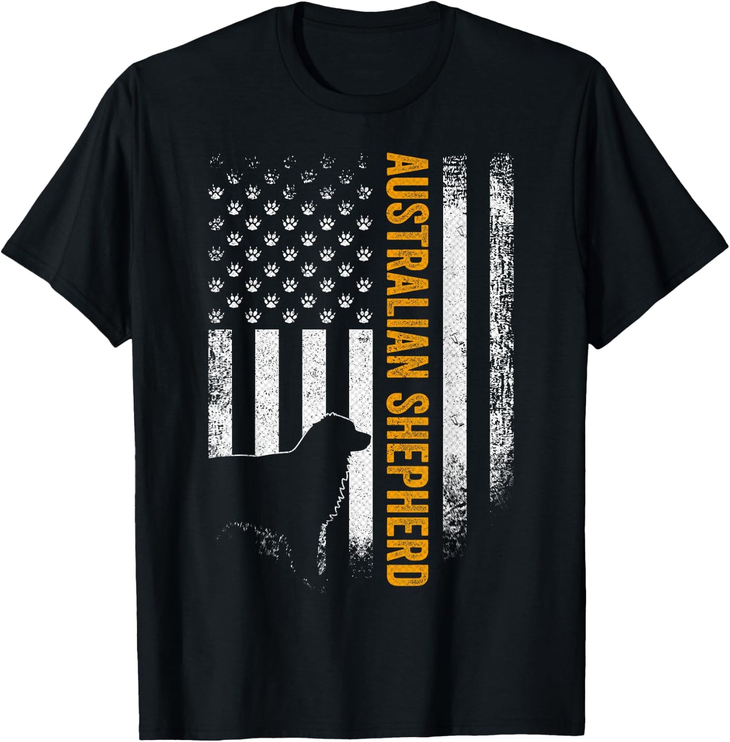 Vintage USA Australian Shepherd Dog Silhouette American Flag T-Shirt - T-Shirt | Black