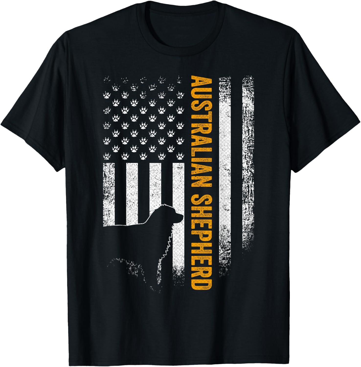 Vintage USA Australian Shepherd Dog Silhouette American Flag T-Shirt - T-Shirt | Black