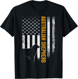 Vintage USA Australian Shepherd Dog Silhouette American Flag T-Shirt - T-Shirt | Black