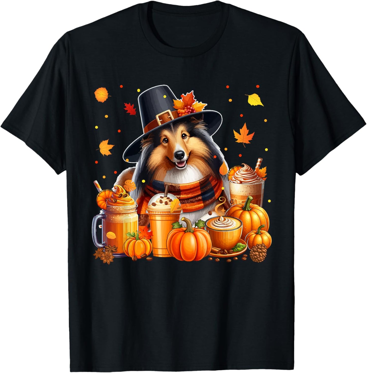 Sheltie Thanksgiving Drinks Coffee Fall Leaves Pumpkins T-Shirt - T-Shirt | Black
