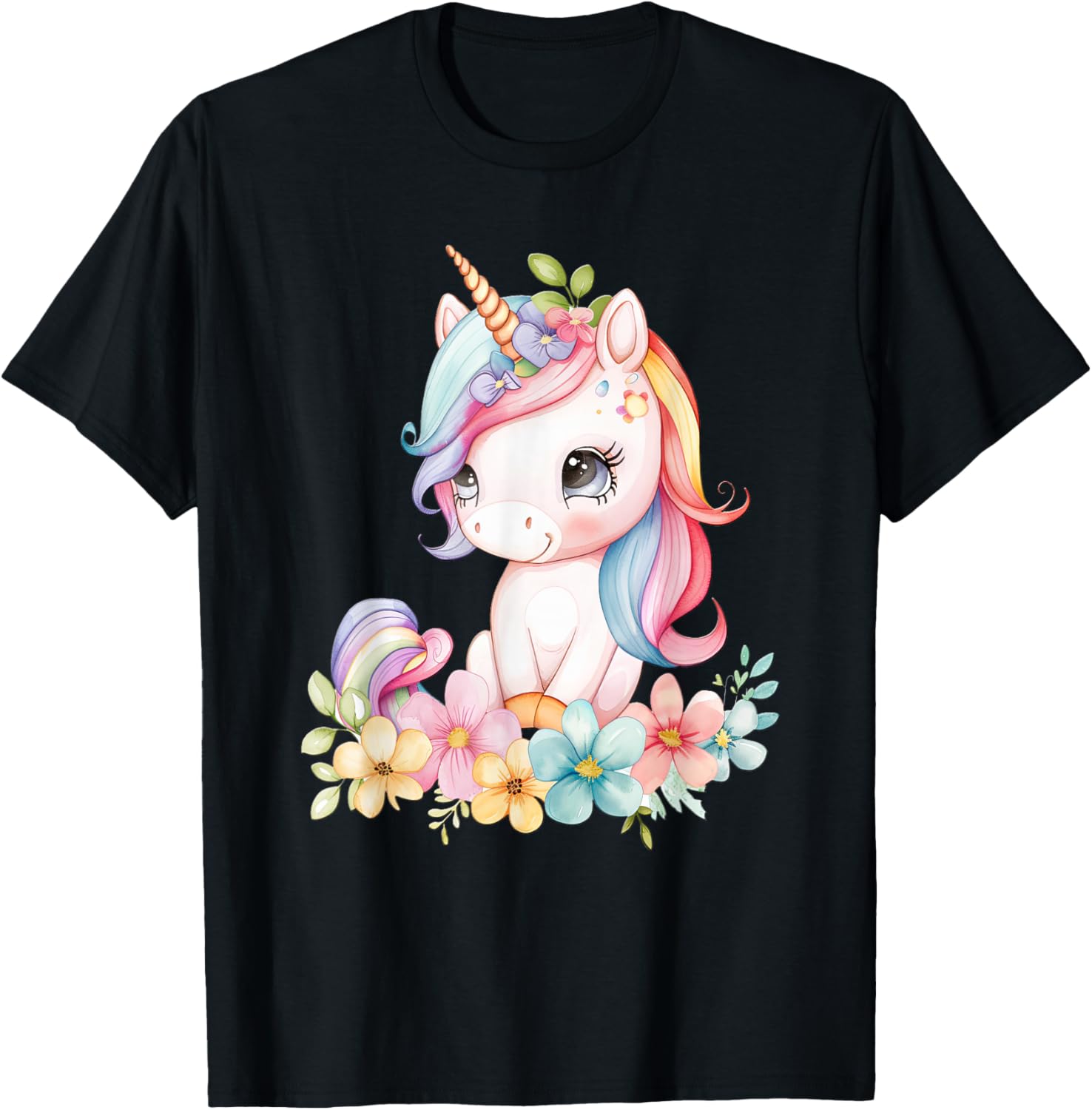 Baby Unicorn with Flowers Cute Lil Unicorns Horse Daughter T-Shirt - T-Shirt | Black