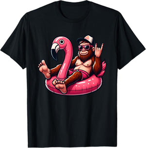 Bigfoot Chilling on Pink Flamingo Pool Float Beach Vacation T-Shirt - T-Shirt | Black