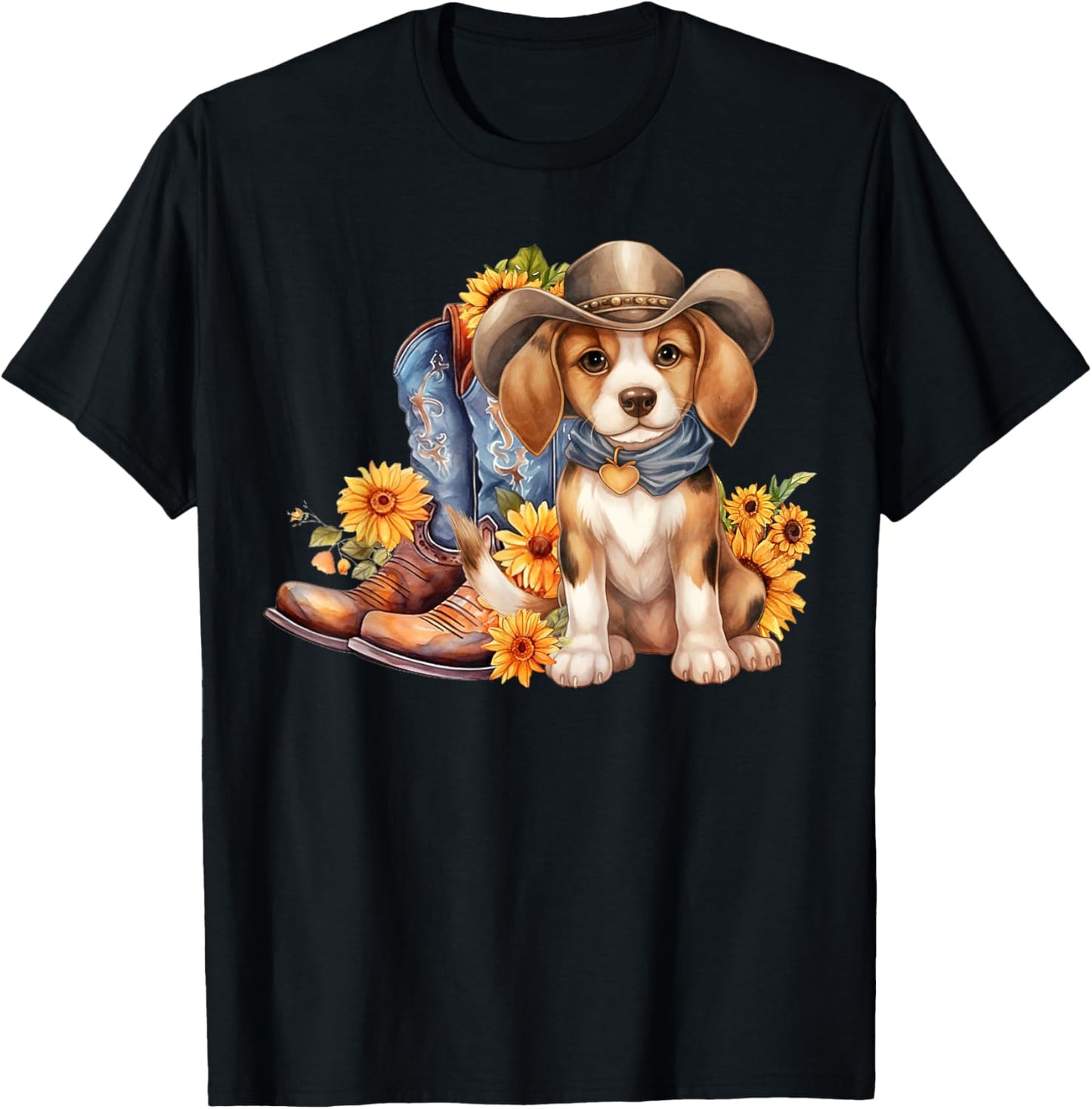 Beagle Dog Cowgirl boots Cowboy hat Sunflower Summer T-Shirt - T-Shirt | Black