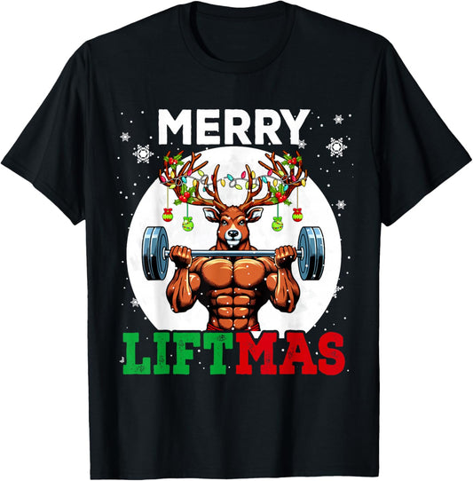 Merry Liftma's Christmas Reindeer Weightlifting Gym Workout T-Shirt - T-Shirt | Black