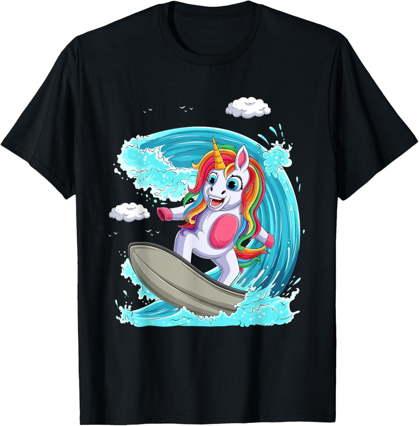 Cute Unicorn Girls Women Unicorn Surfing on Rainbow Wave T-Shirt - T-Shirt | Black