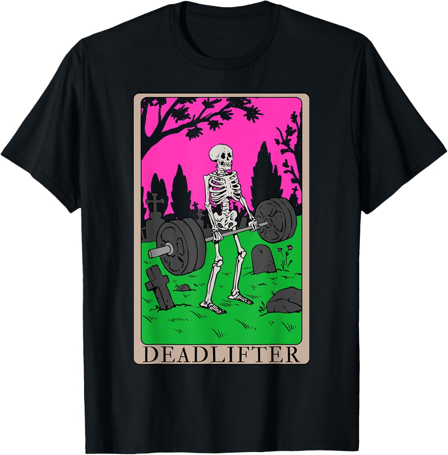 Funny Tarot Card Deadlifter Skeleton Graveyard Workout Art T-Shirt - T-Shirt | Black