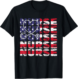 4th Of July Nurse American Flag Nursing USA Patriotic Women Kids Men T-Shirt - T-Shirt | Black