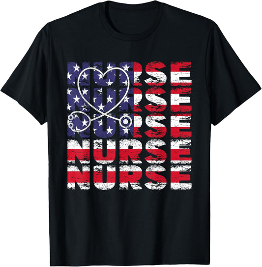 4th Of July Nurse American Flag Nursing USA Patriotic Women Kids Men T-Shirt - T-Shirt | Black