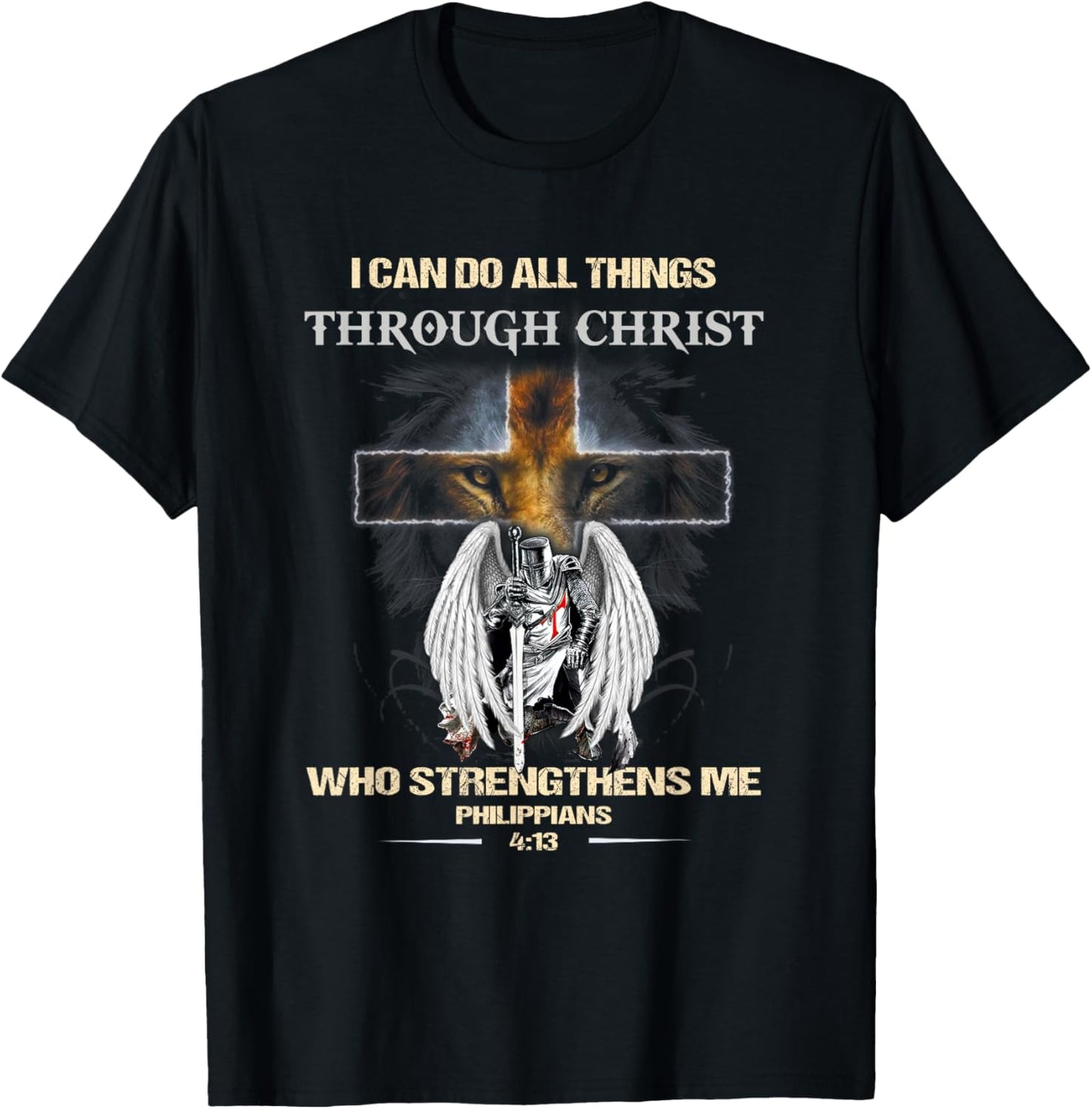 Philippians 4:13 Christian Verse Gift Lion Cross Men Knight T-Shirt - T-Shirt | Black