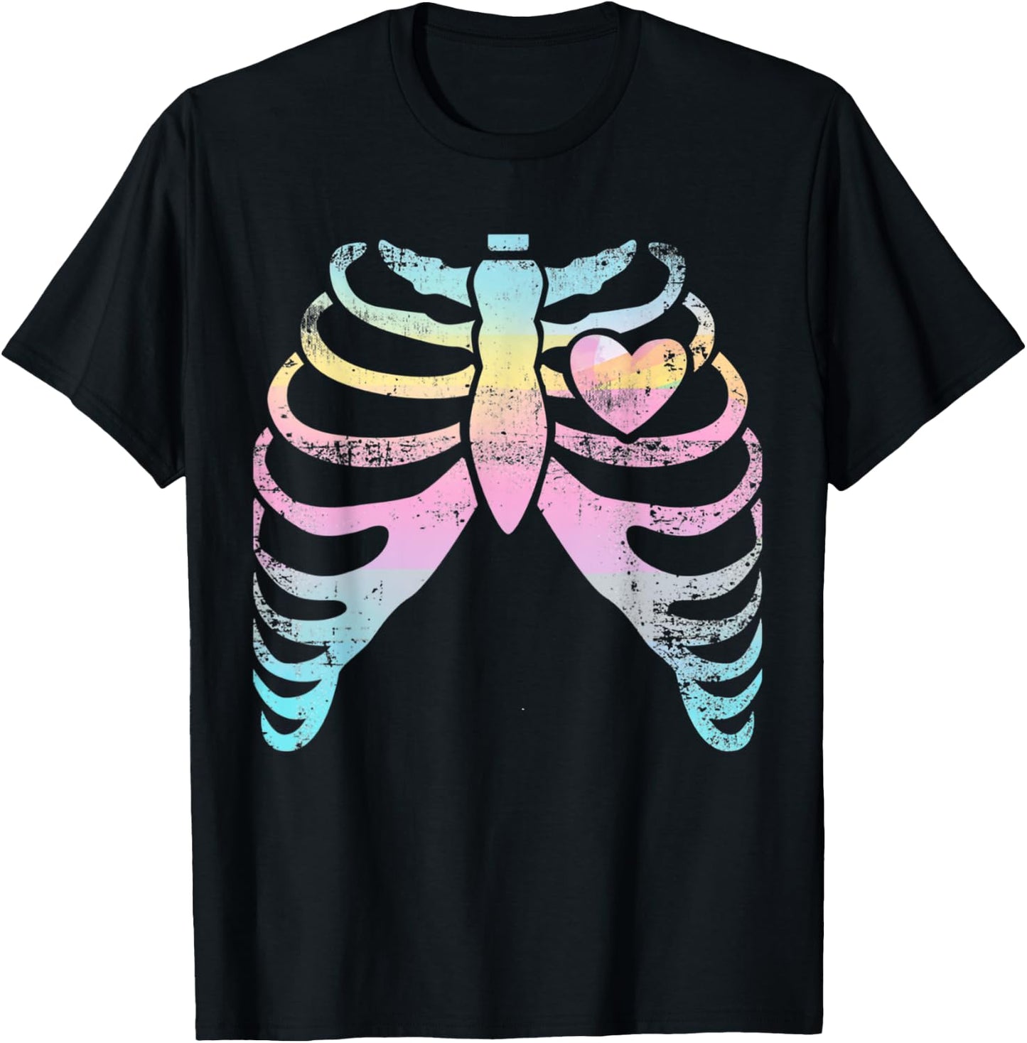 Menhera Kei Kawaii Pastel Goth Aesthetic Rib Cage & Heart T-Shirt - T-Shirt | Black
