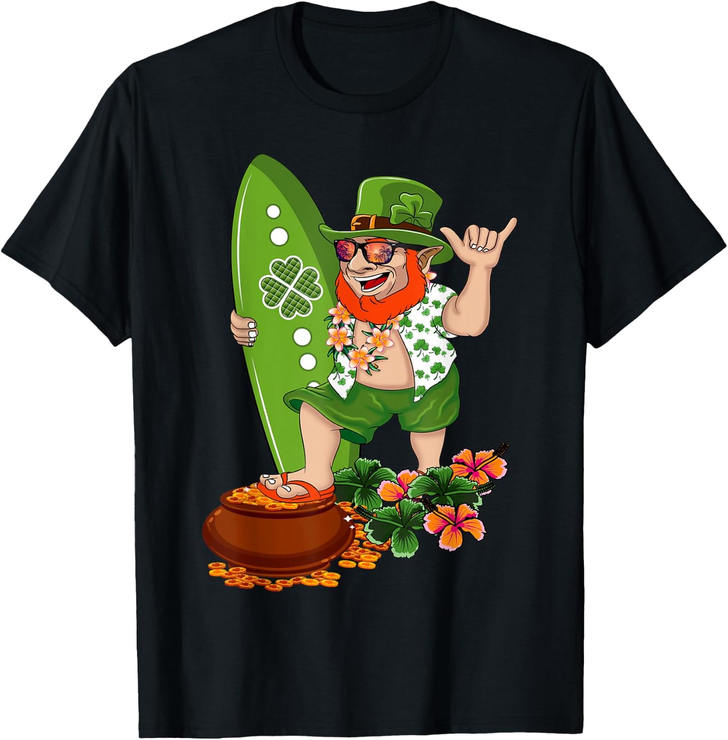St Patricks Day Green Hawaiian Irish Leprechaun Surfer Shaka T-Shirt - T-Shirt | Black