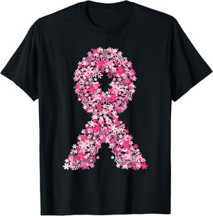 Breast Cancer Pink Ribbon Floral Flower Cute Awareness Gifts T-Shirt - T-Shirt | Black