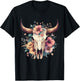 Boho Cow Bull Skull Flowers Wild west Western Cowgirl Texans T-Shirt - T-Shirt | Black