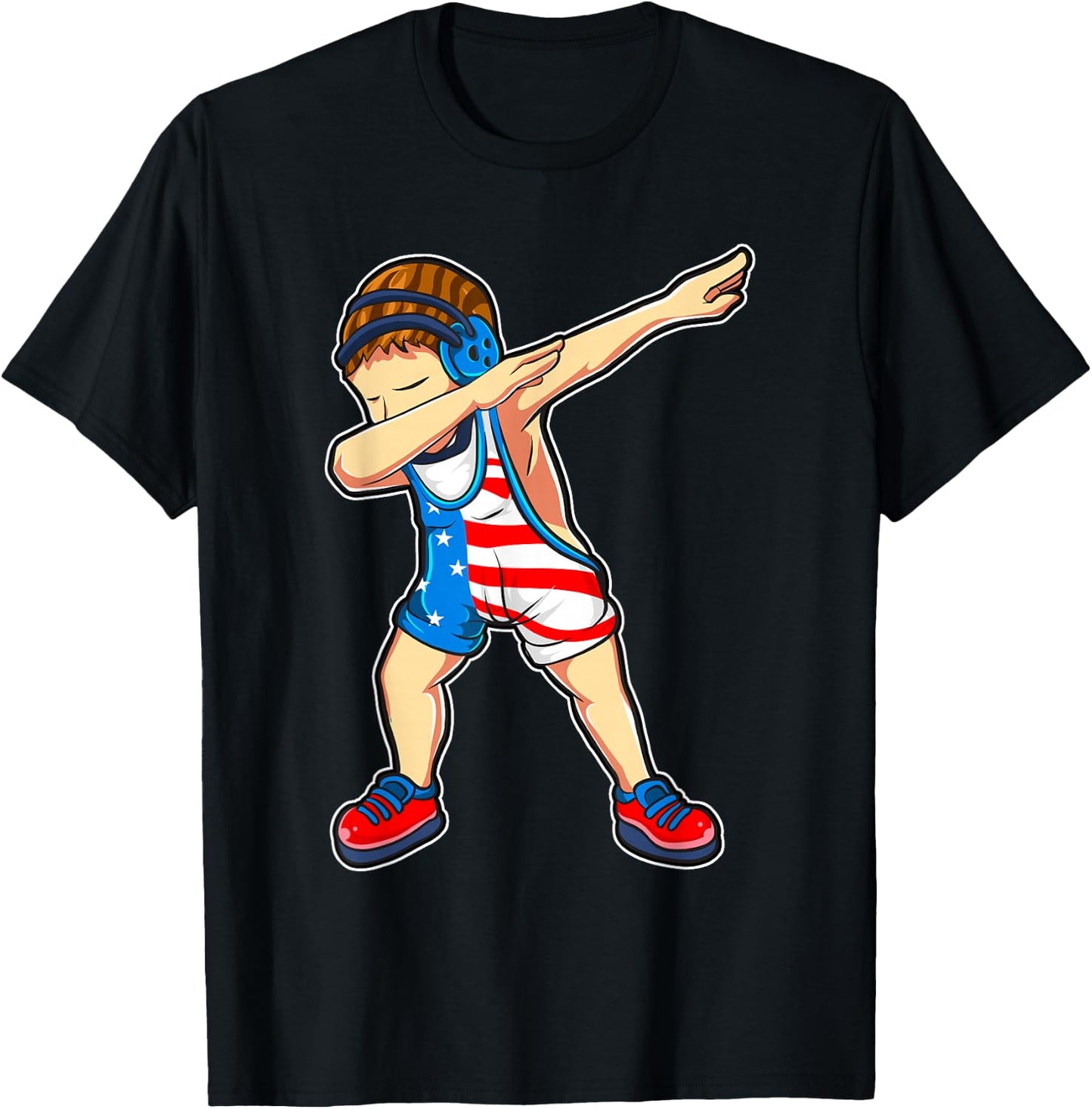 Dabbing Wrestling Boy Wrestler US Flag T-Shirt - T-Shirt | Black