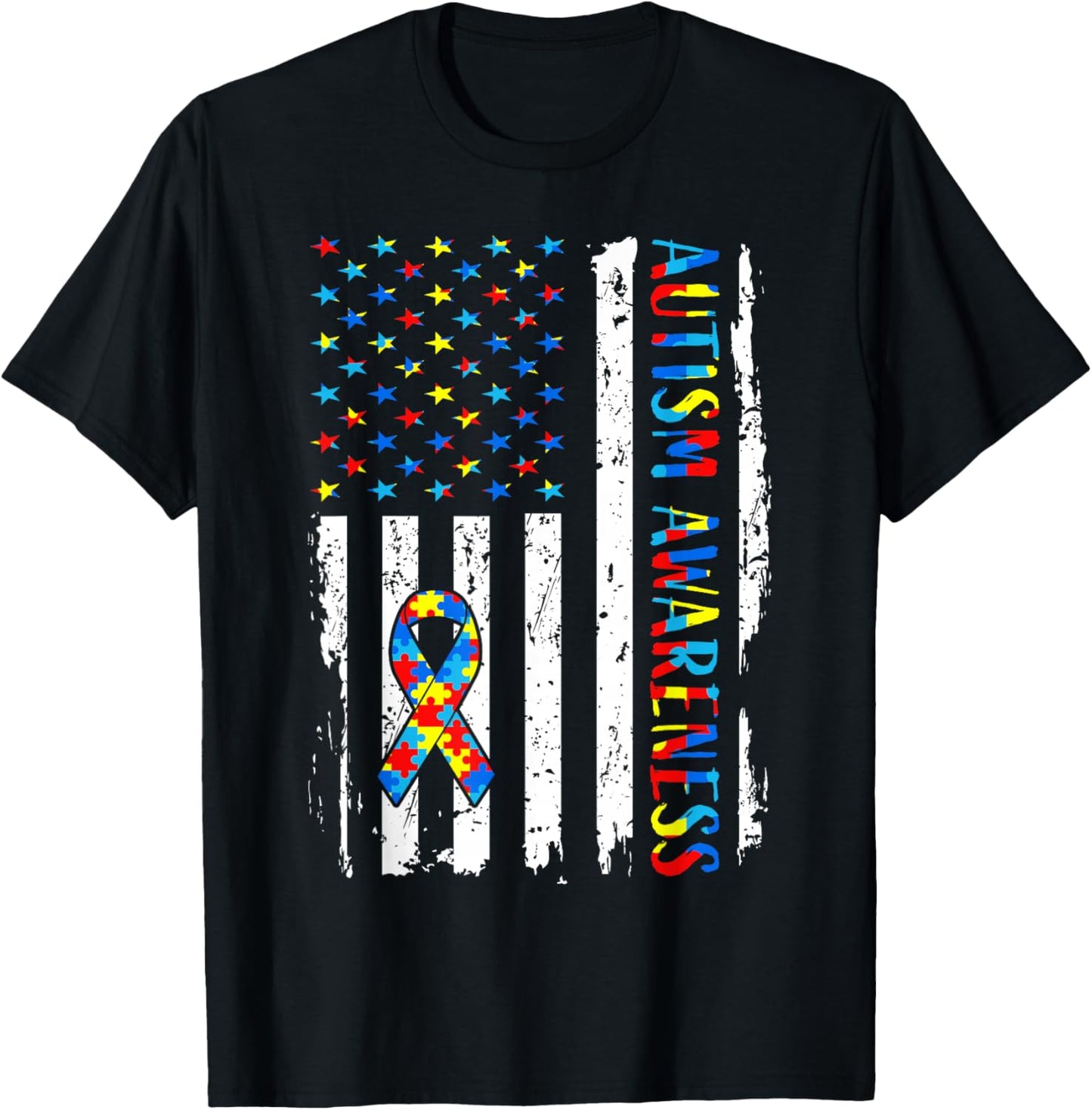 Autism Awareness Mom Dad USA Flag Autistic Awareness Autism T-Shirt - T-Shirt | Black