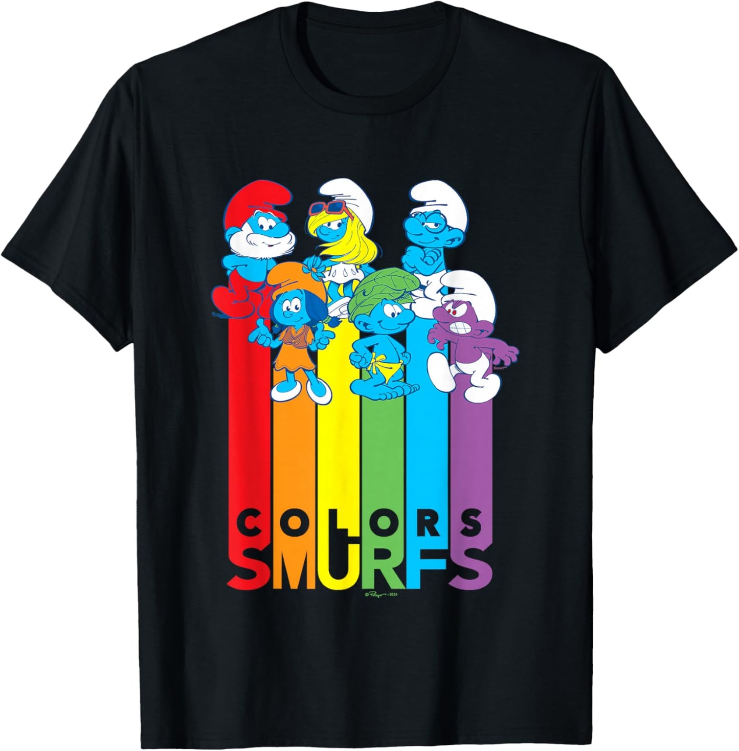 The Smurfs Colors Smurfs Cute Group Shot Big Chest Logo T-Shirt - T-Shirt | Black