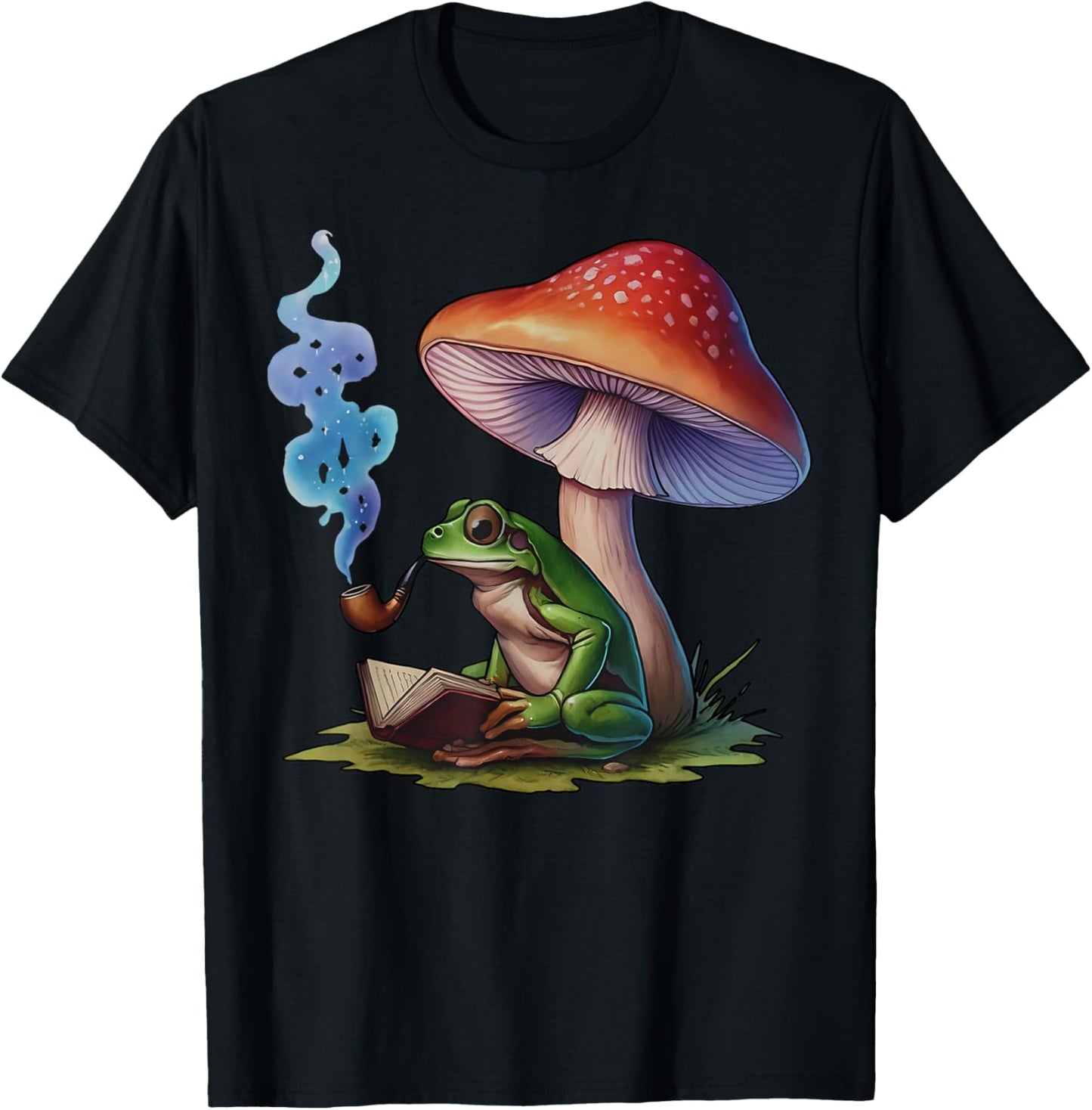 Reading Frog Smoking Mushroom Funny Frog Weed Smokers T-Shirt - T-Shirt | Black