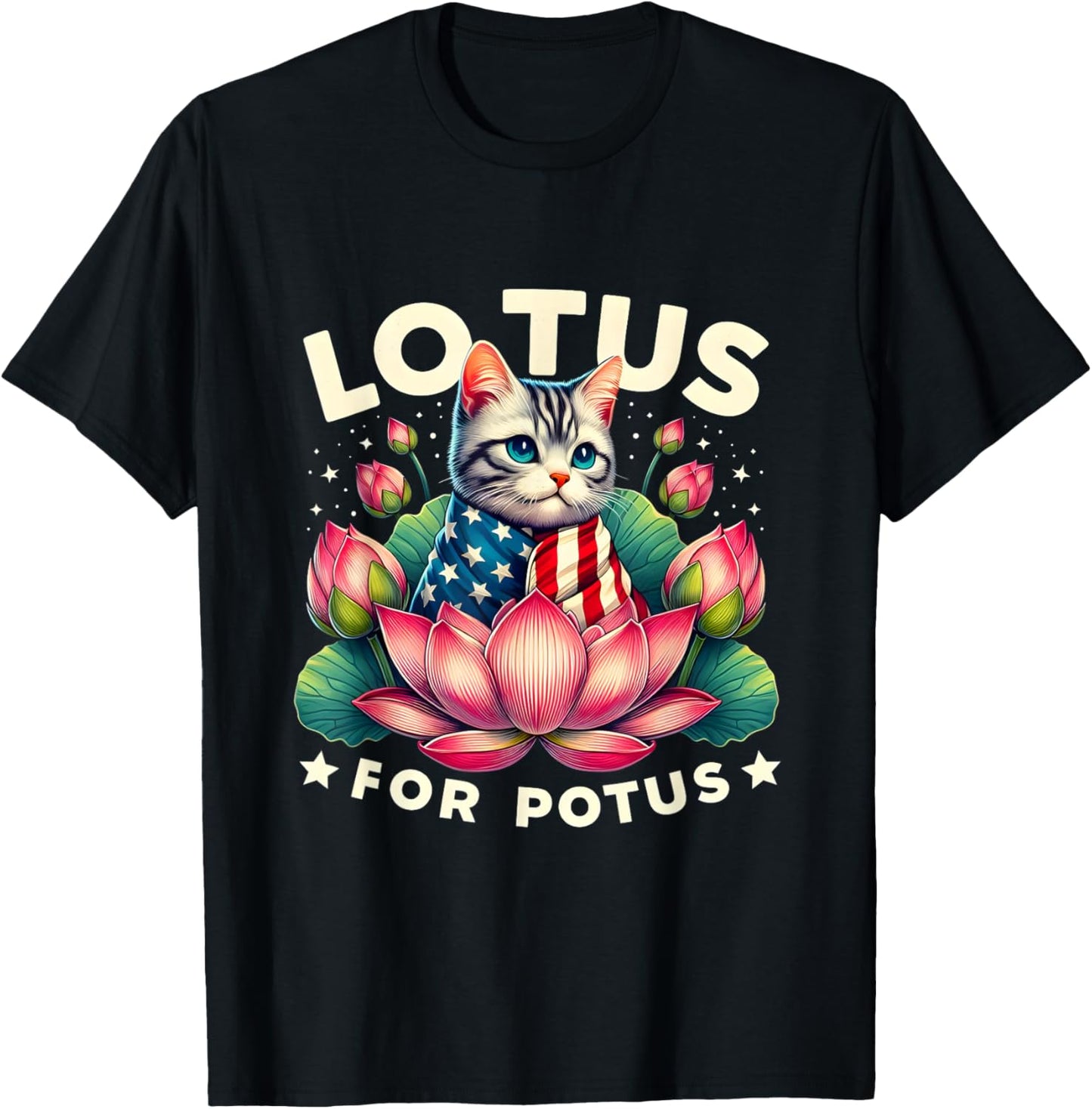 Vintage Lotus for Potus Kamala Harris US Flag Cat Lovers Men Women Girls Kids T-Shirt - T-Shirt | Black